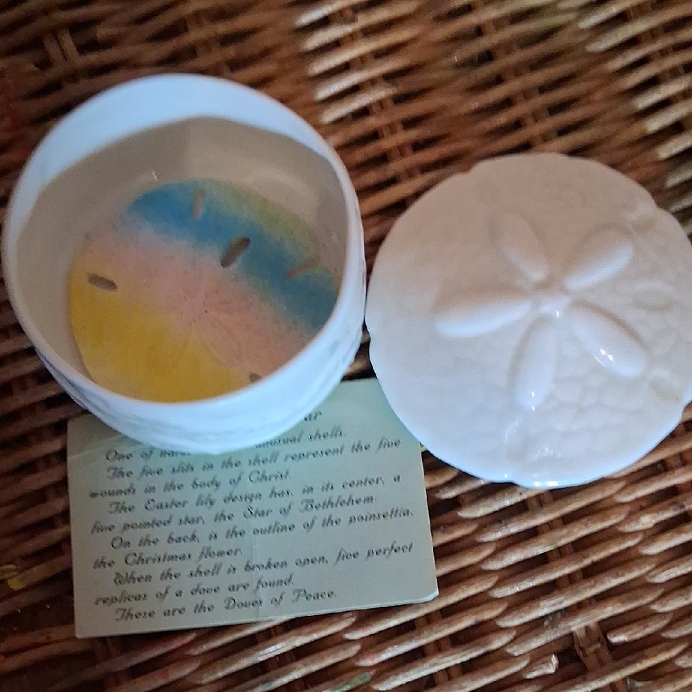 A Gift Corp White Sand Dollar Trinket Box W/ Rainbow Sandollar
